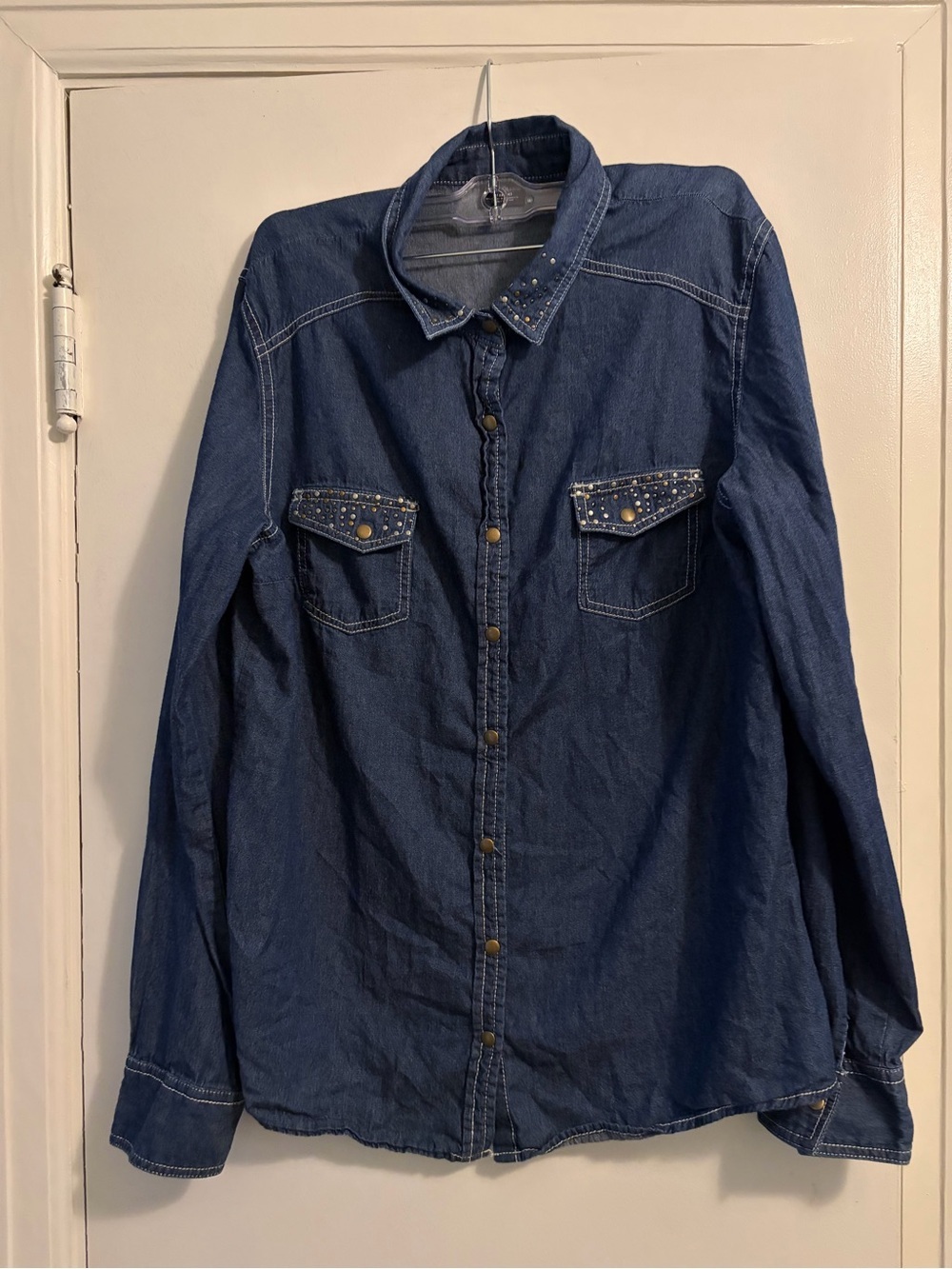 Faded Glory 100% Cotton Studded Western Button Down Denim Shirt Size Large